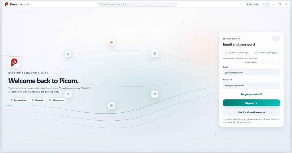 Picom sign-in screen