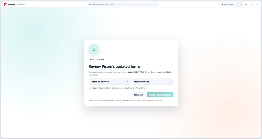 Picom's policy update screen asking the user to review the updated Terms of Service and Privacy Notice before continuing